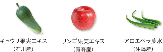 キュウリ果実エキス(石川産)、リンゴ果実エキス(青森産)、アロエベラ葉水(沖縄産)