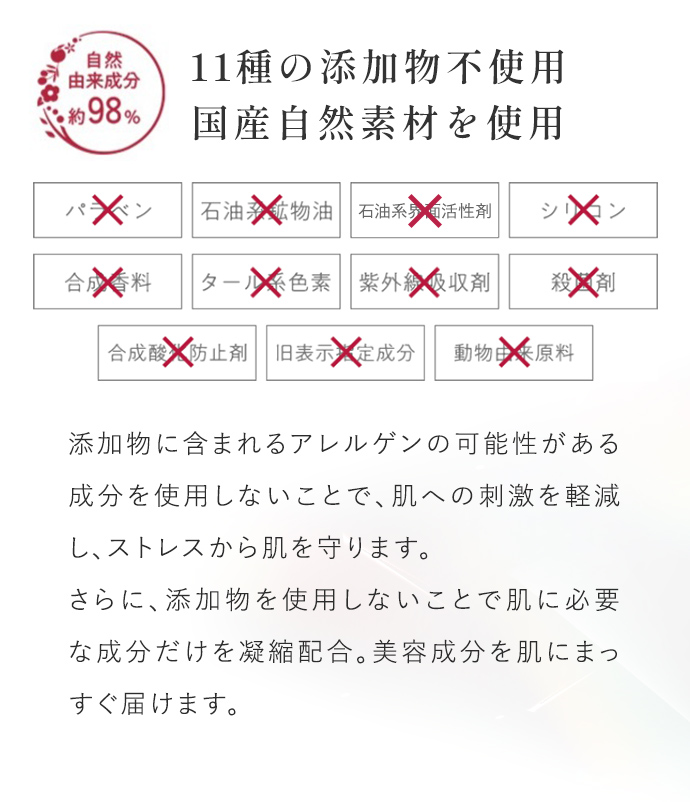 自然由来成分 約98% 11種の添加物不使用 国産自然素材を使用